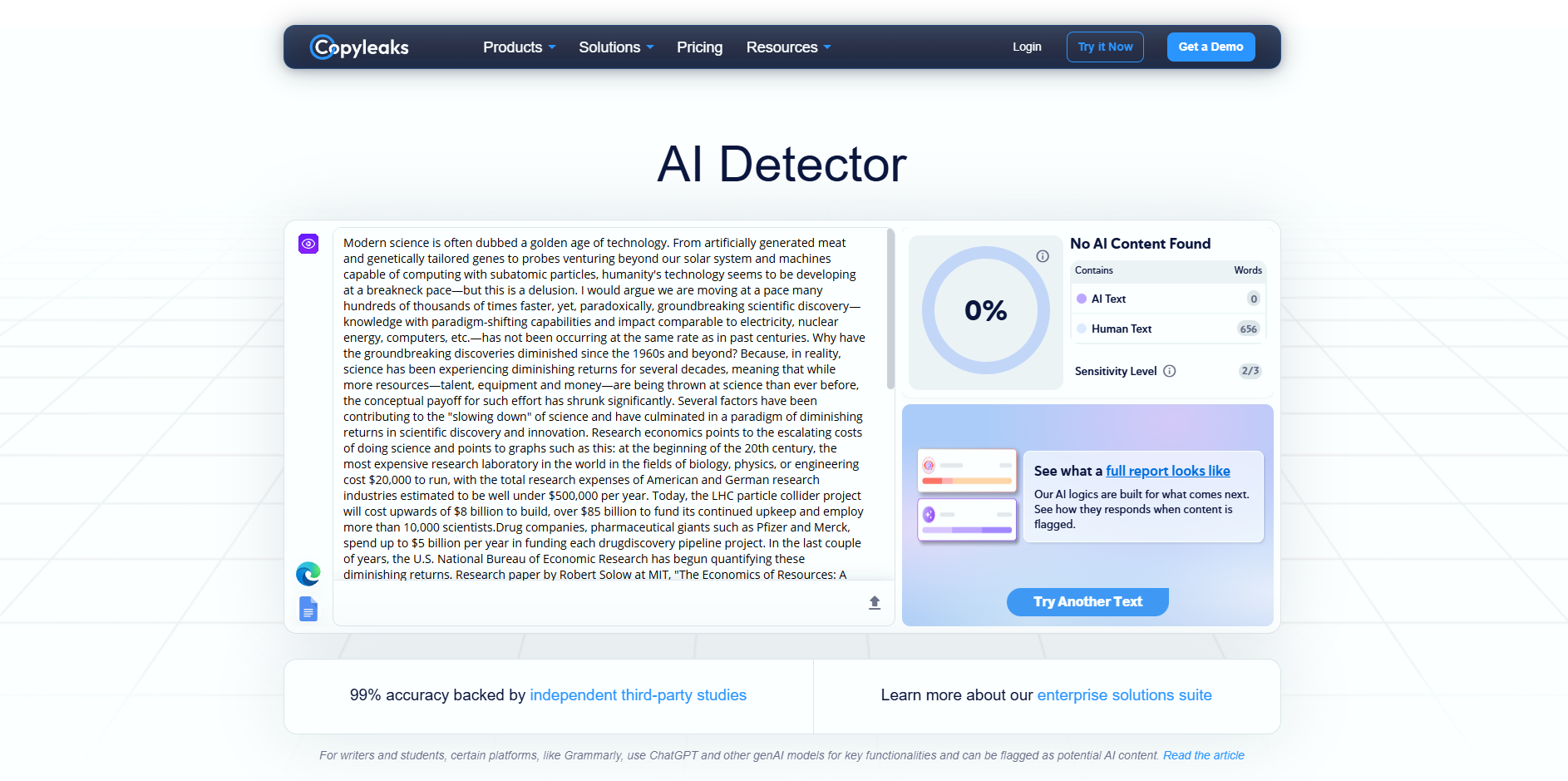 Copyleaks detector: example result flagged as written by a human